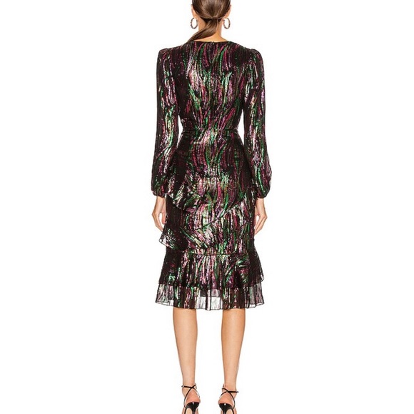 NWT SALONI Black Rainbow Metallic Silk Ayla Tiered Ruffle Midi Size 2 - Picture 3 of 17